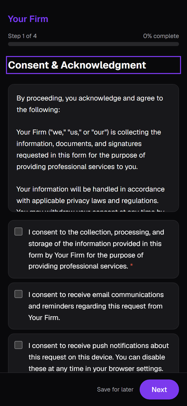 The client wizard on a phone: step 1 of 4, a consent and acknowledgment page with checkboxes and a Next button